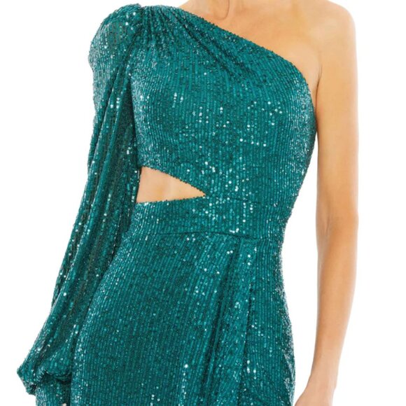 MAC DUGGAL 26730 SEQUINED ONE SHOULDER TEAL CUTOUT SIDES THIGH SLIT GOWN sz 4 - Picture 3 of 5